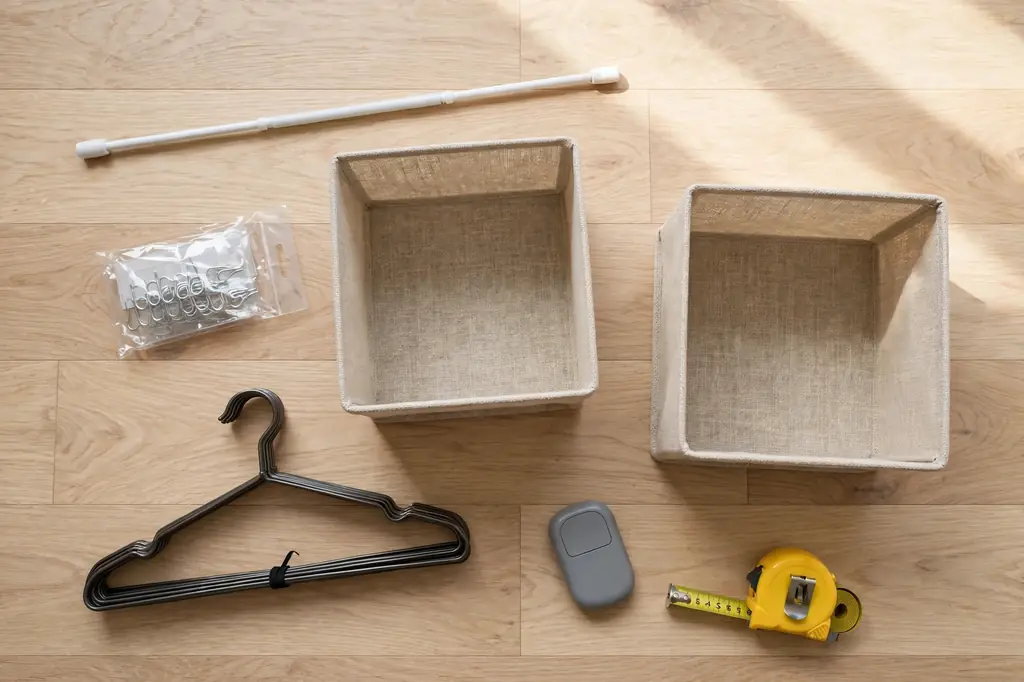A flat lay of no-drill closet supplies: a tension rod, adhesive hooks, fabric bins, slim hangers, a label maker, and a measuring tape.