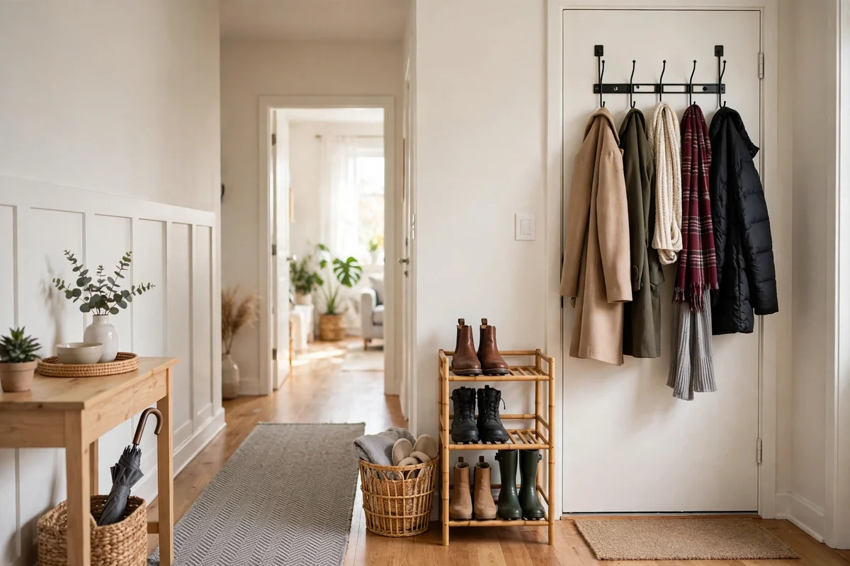 Renter-friendly entryway with an over-the-door hook organizer and a freestanding shoe rack