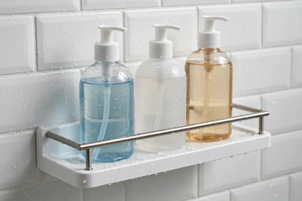 Shower shelf with a front rail keeping pump bottles from sliding off