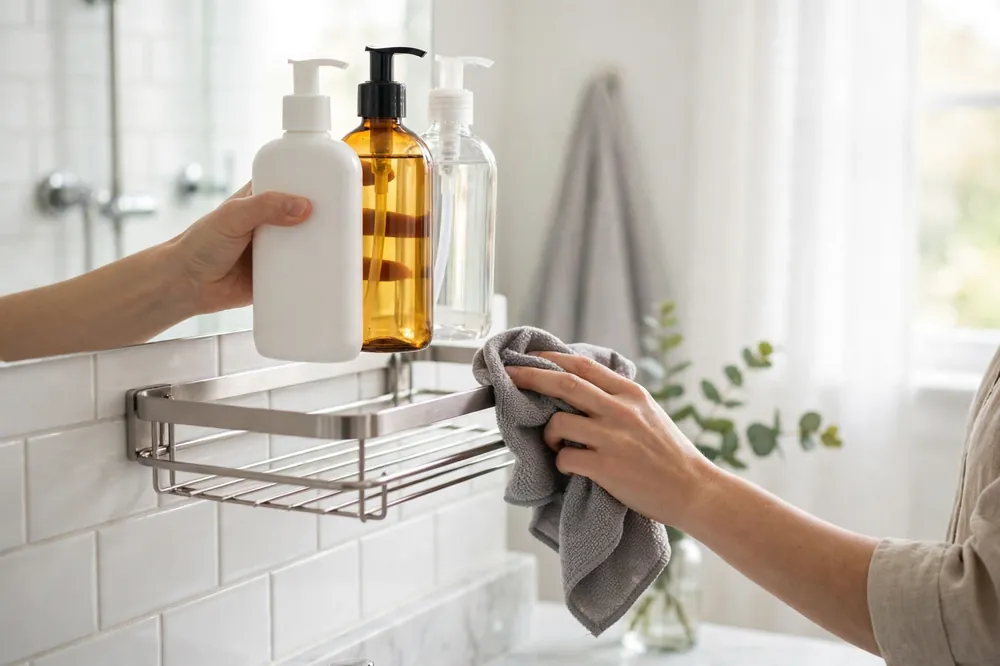 Clean shower caddy being wiped with a cloth while bottles are lifted