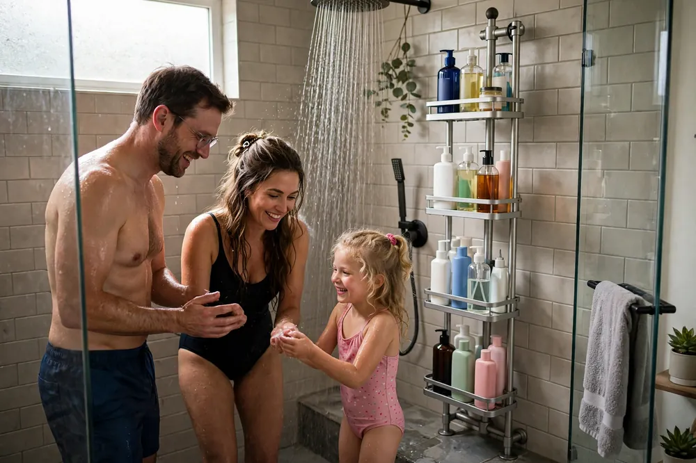 Family shower with a tall tension pole caddy holding many bottles at different heights