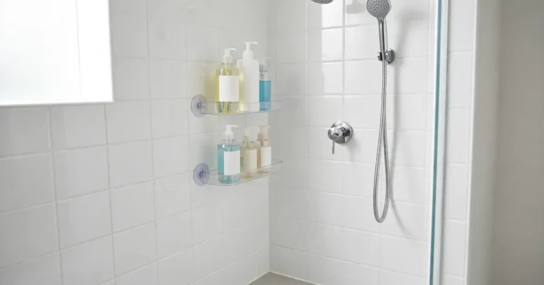 No drill shower storage ideas for renters: suction shelves holding shampoo bottles on smooth white tile