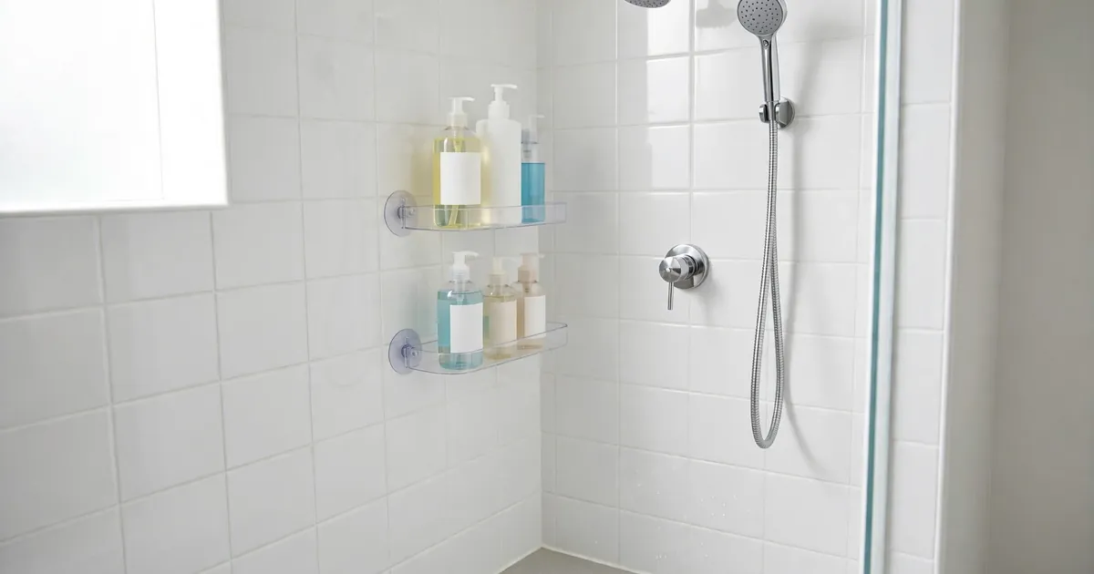 No drill shower storage ideas for renters: suction shelves holding shampoo bottles on smooth white tile