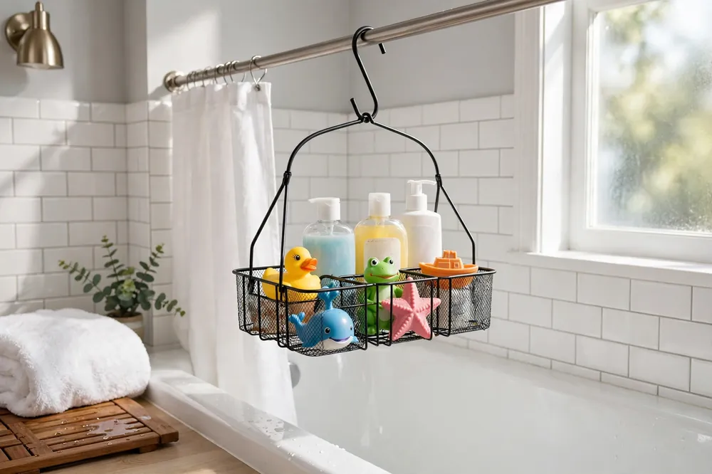 Hanging shower caddy on a bathtub curtain rod holding extra bottles