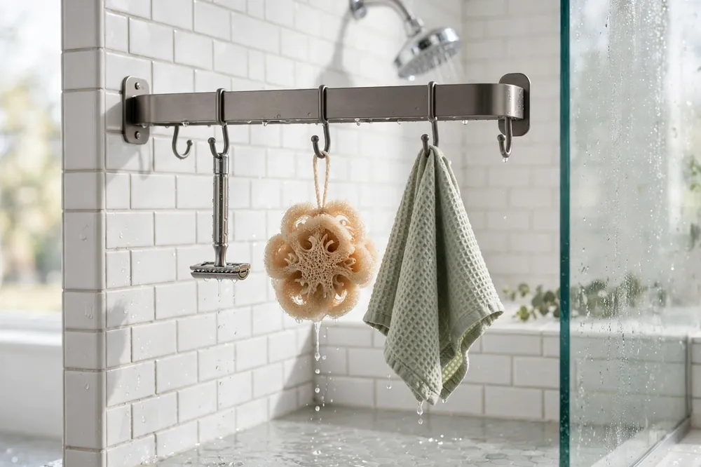 Shower caddy hooks holding a razor, loofah and washcloth hanging to dry