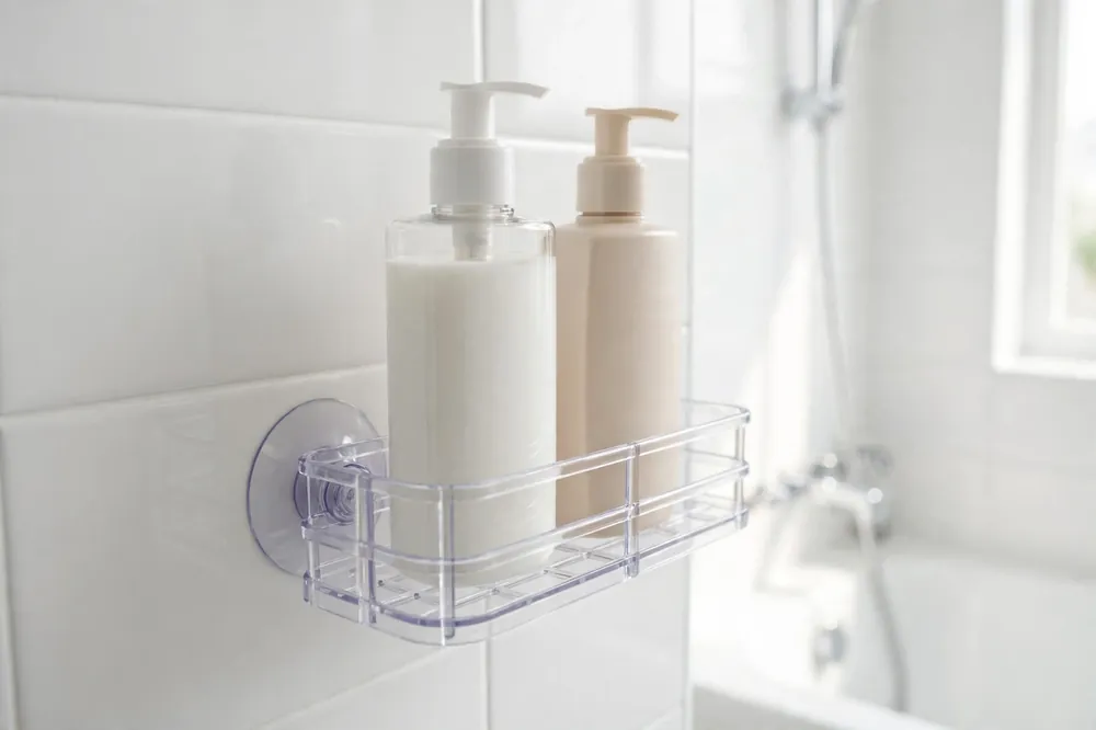 Suction shower shelf on smooth white tile holding shampoo and conditioner bottles
