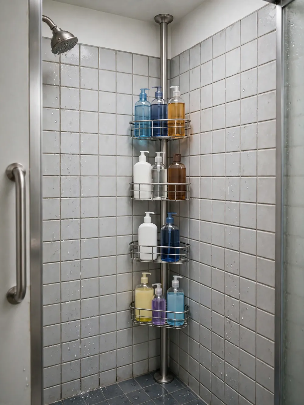 Corner tension pole shower caddy with four baskets holding bottles in a small tiled shower stall