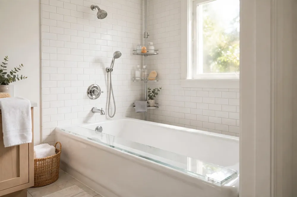Tub and shower combo with a tension pole caddy at the far corner and a clear tub ledge