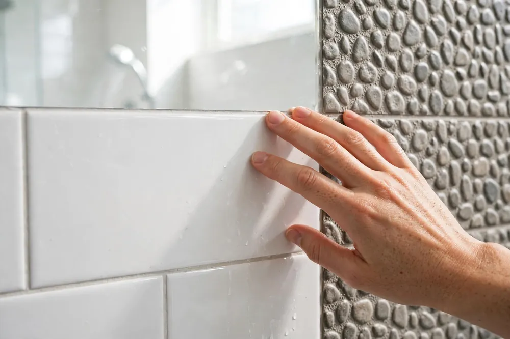 Hand checking smooth and textured shower tile to pick a no-drill shower storage system