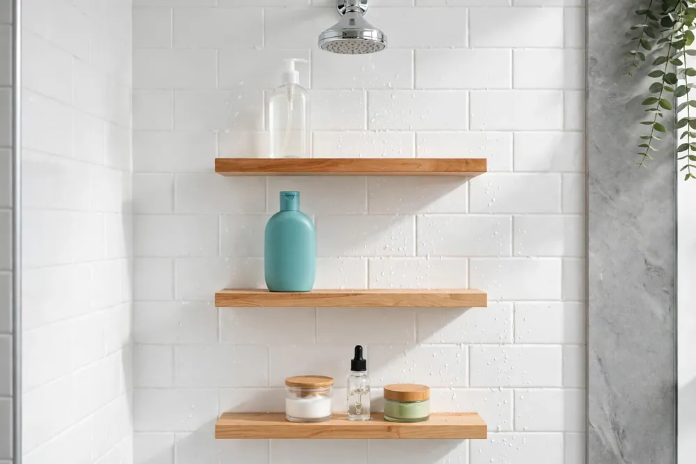 Shower shelves arranged in wash order with shampoo on top and treatments at the bottom
