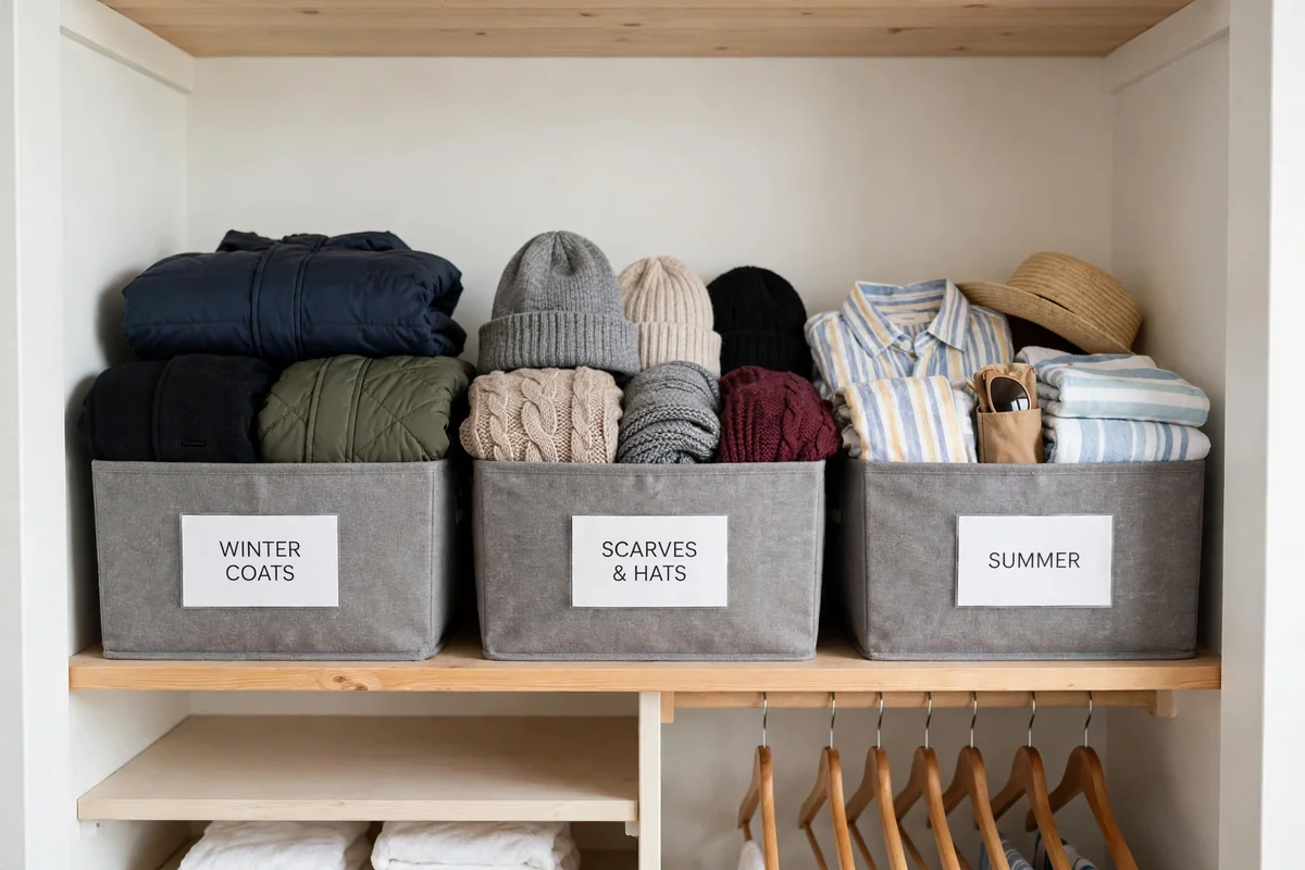Labeled bins on a closet shelf holding winter coats, scarves, and hats