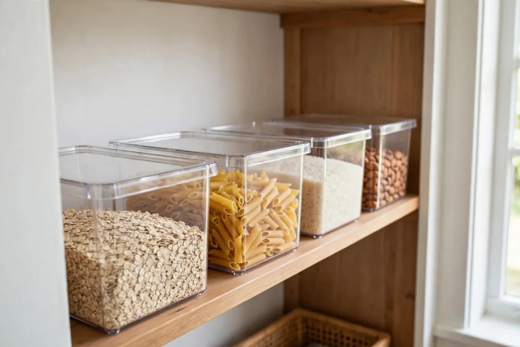 Single front-to-back row of matching bins on a pantry shelf so nothing hides