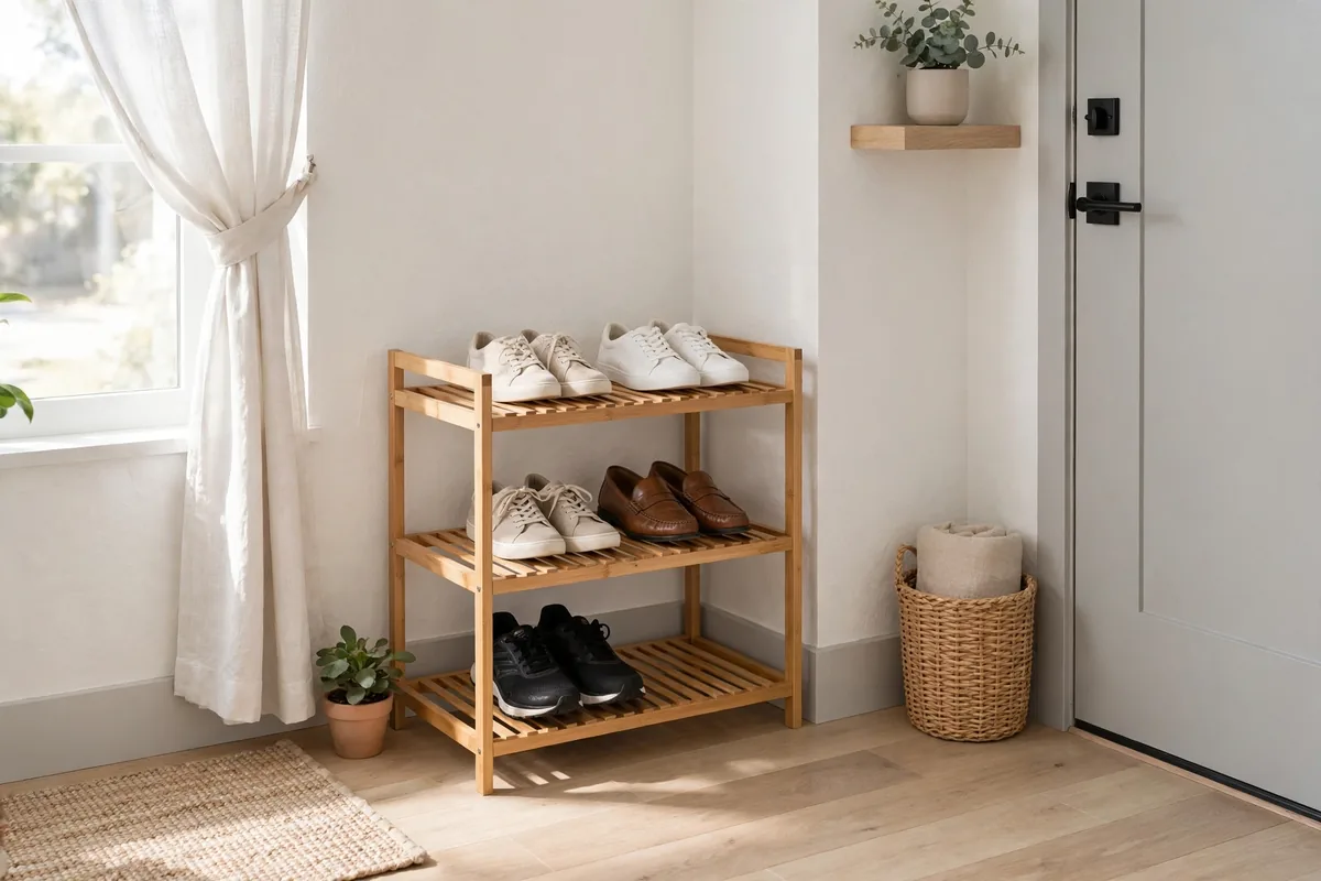 Open slatted bamboo shoe rack keeping shoes off the floor