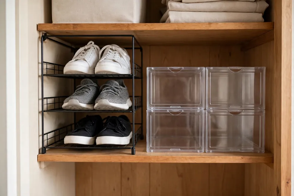 Open shoe rack with daily sneakers beside closed clear shoe boxes on a closet shelf