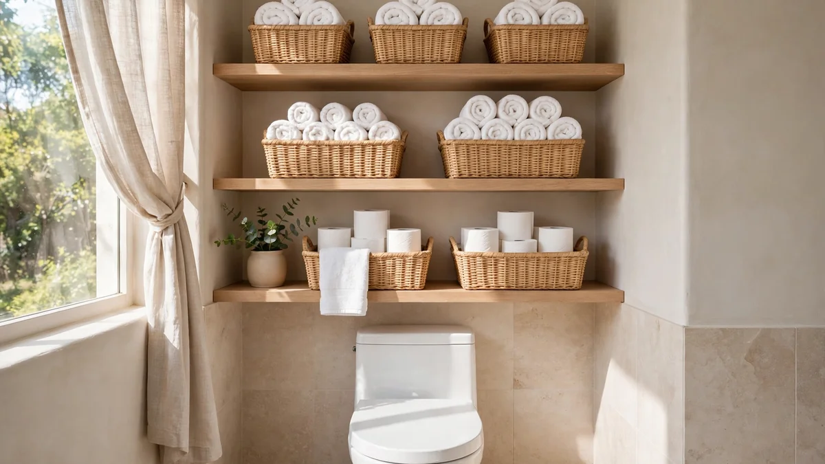 Labeled woven baskets and rolled towels organized on bathroom shelves above a toilet