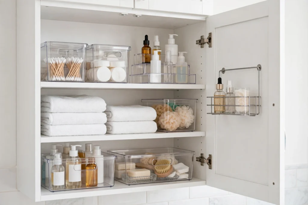 Organized bathroom storage cabinet interior with labeled bins and bathroom storage baskets