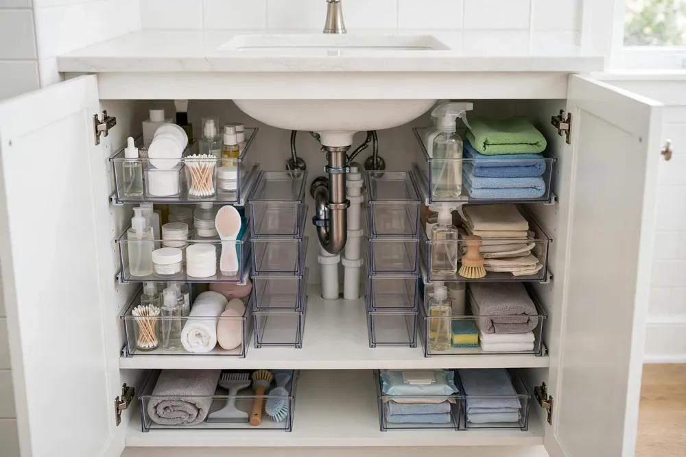 Fully organized bathroom vanity with clear stackable drawers around the drain pipe