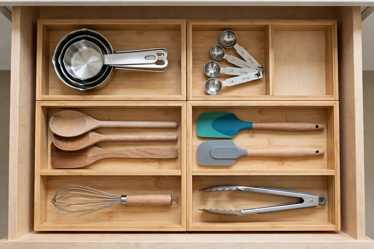 Top-down view of an open kitchen drawer with bamboo dividers organizing utensils, measuring tools, and gadgets