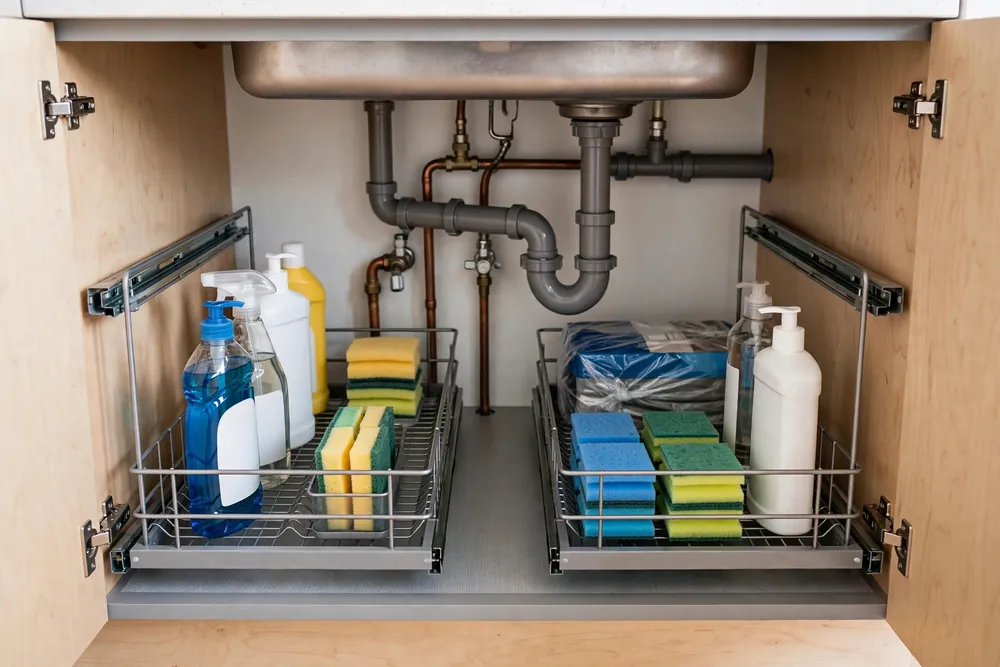 Fully organized kitchen under sink cabinet with pull-out racks and labeled bottles around pipes