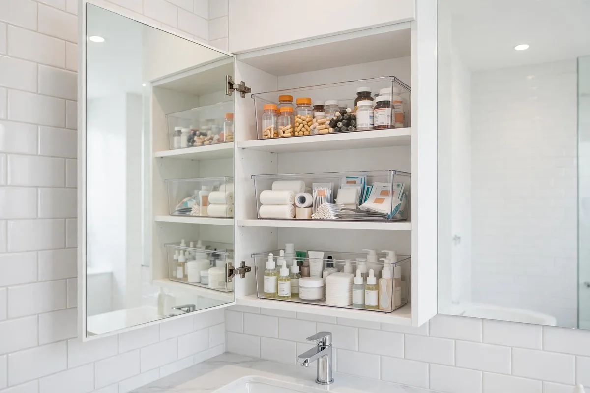 Open medicine cabinet with clear labeled bins organized by category on each shelf