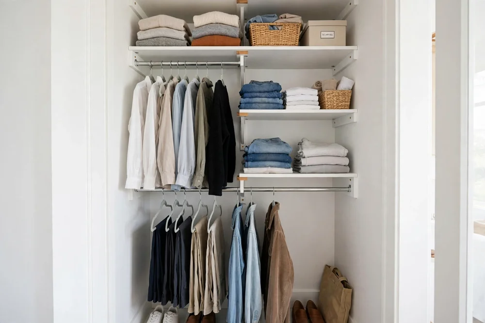 Tidy small reach-in closet with double hanging rods and slim hangers