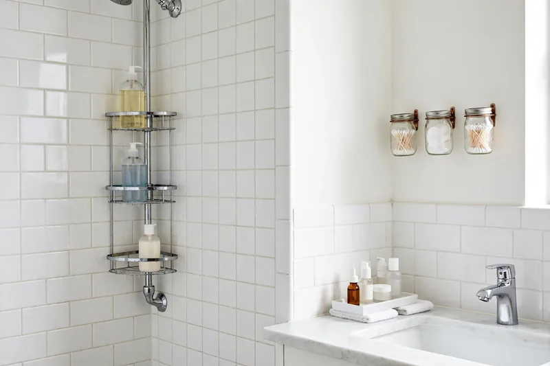 Organized toiletries in a shower caddy, vanity tray and wall-mounted jars