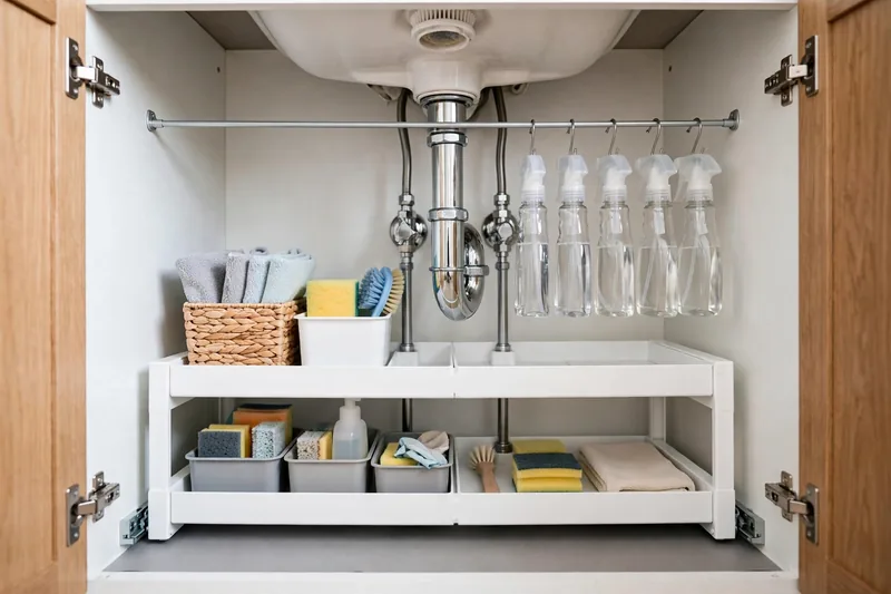 Organized under-sink bathroom cabinet with tiered organizers and tension rod