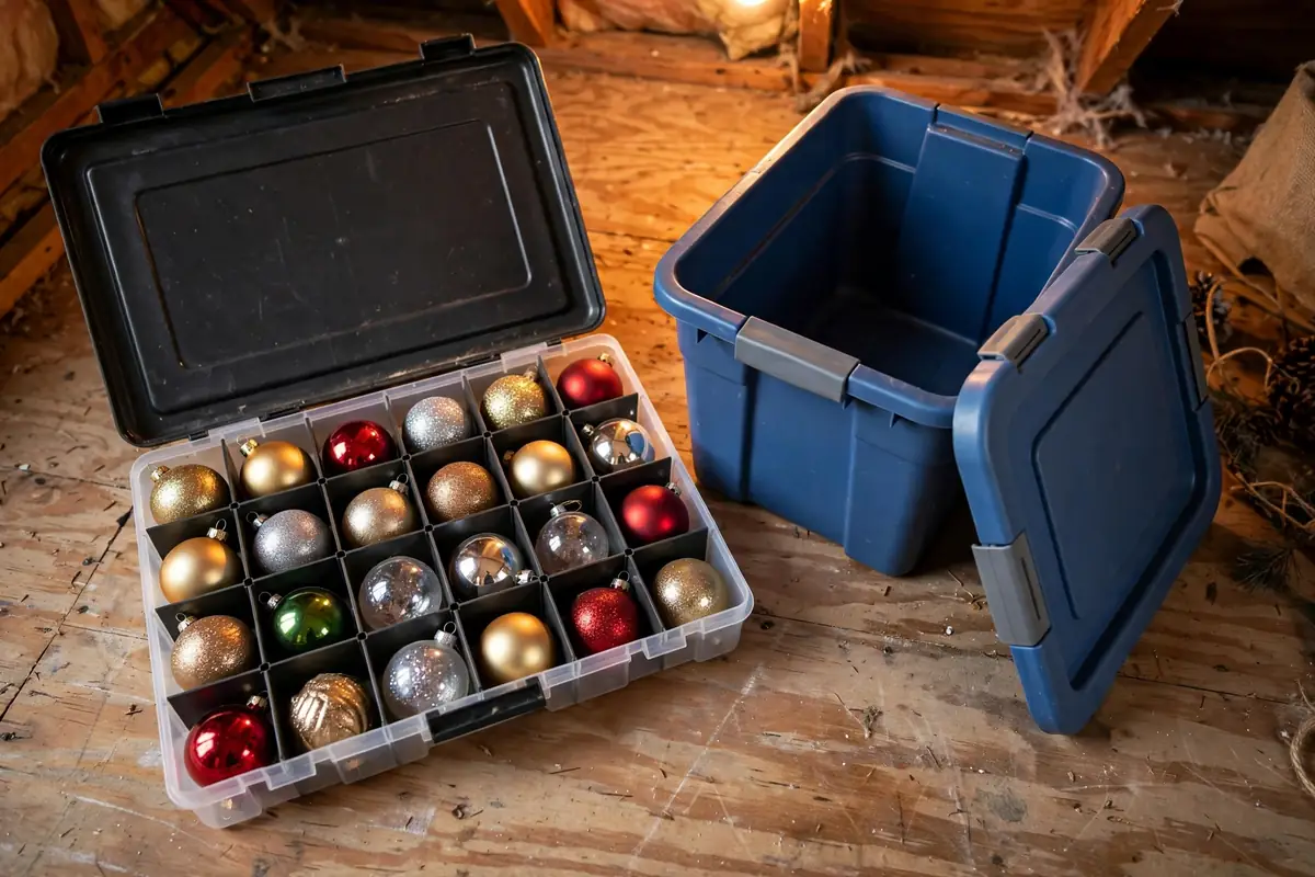 Open ornament storage tray with compartments holding Christmas ornaments in an attic.