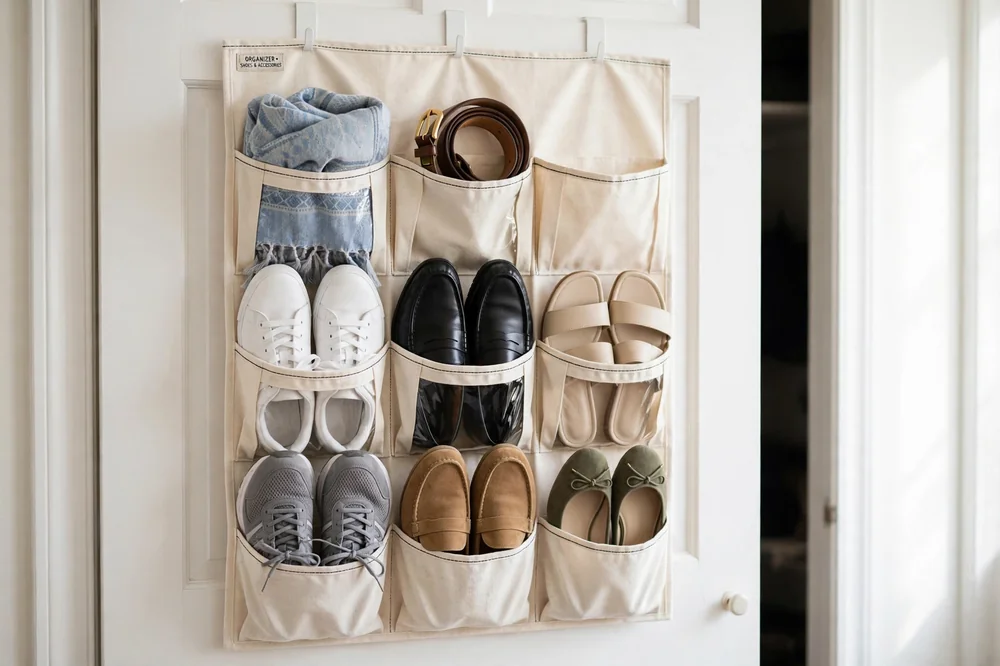 Over-the-door hanging organizer on a closet door holding shoes, a belt, and a scarf