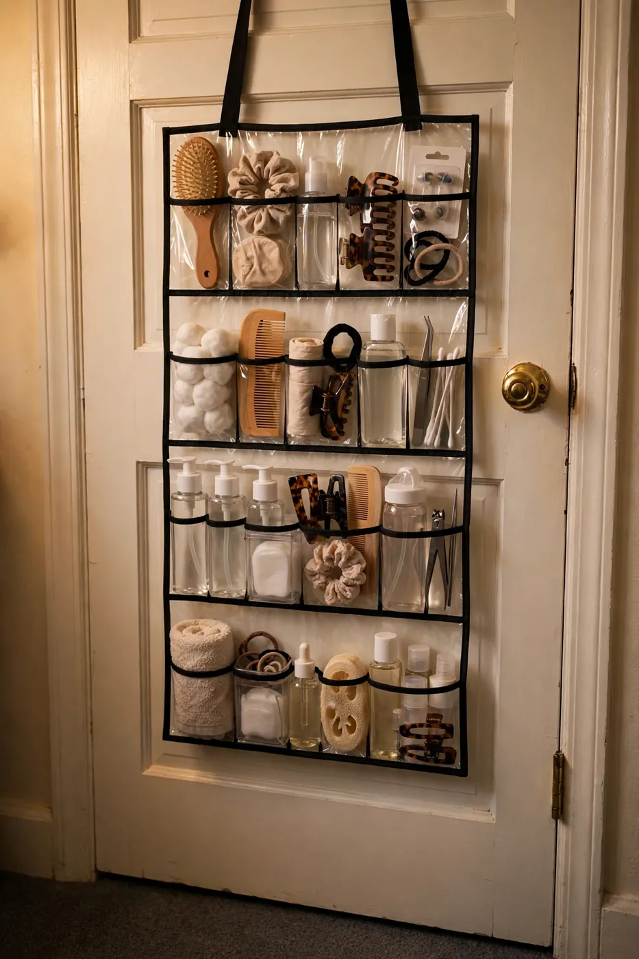Over-door organizer with clear pockets on a dorm closet door