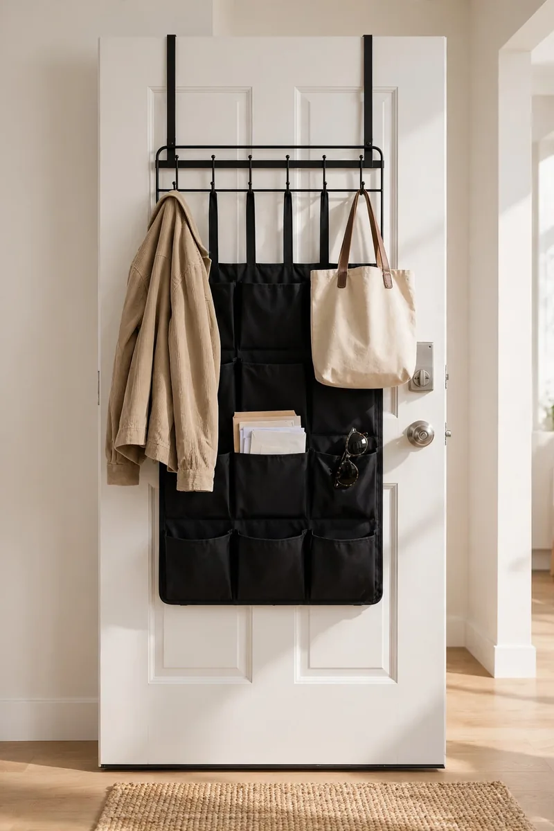 Over-the-door organizer with hooks and pockets on the back of a front door