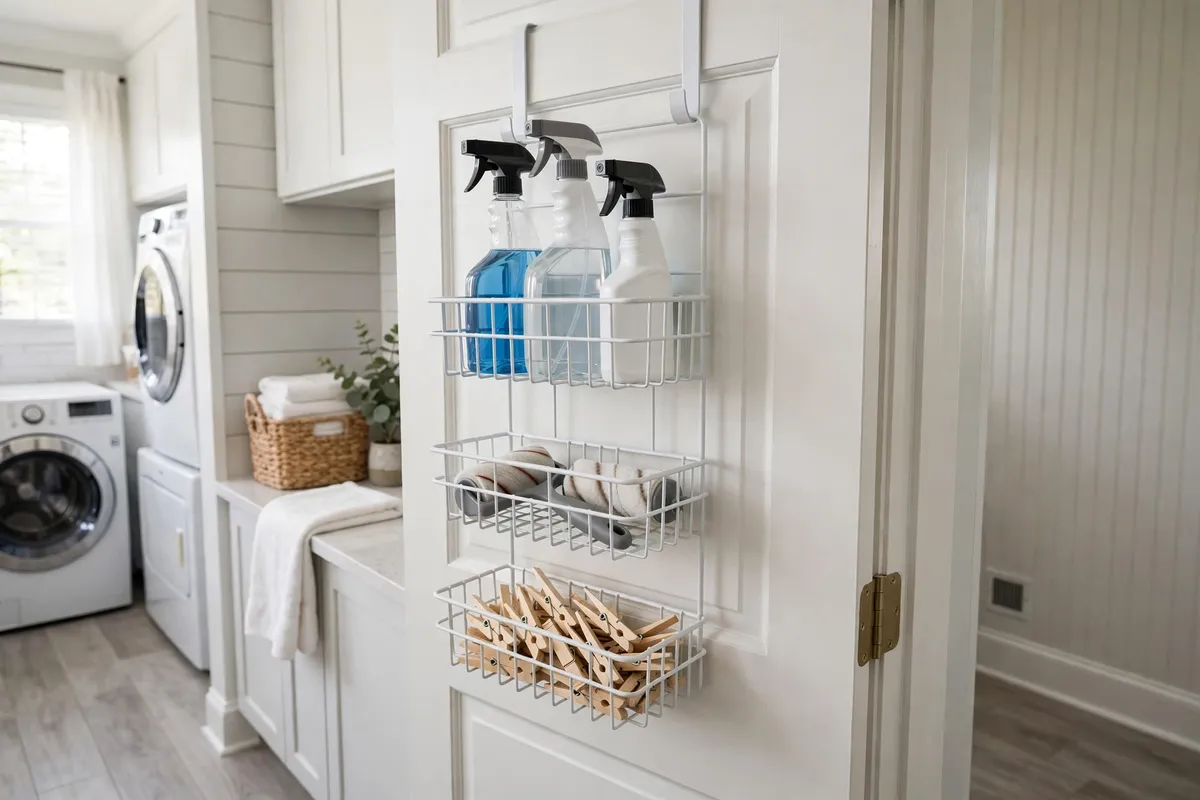 Over-the-door organizer on a laundry room door holding cleaning supplies and lint rollers