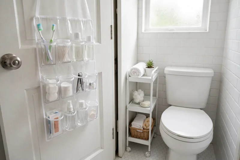 Over-door organizer and slim rolling cart adding storage to a tiny bathroom
