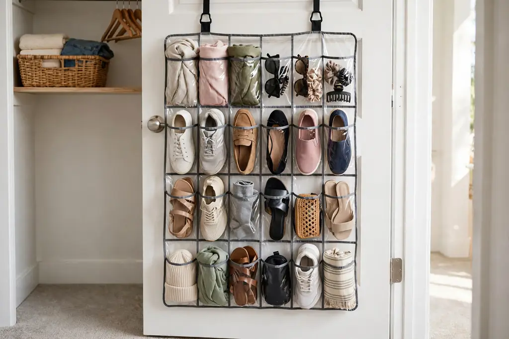 A clear-pocket shoe organizer on the inside of a white closet door holding shoes, scarves, and small accessories.