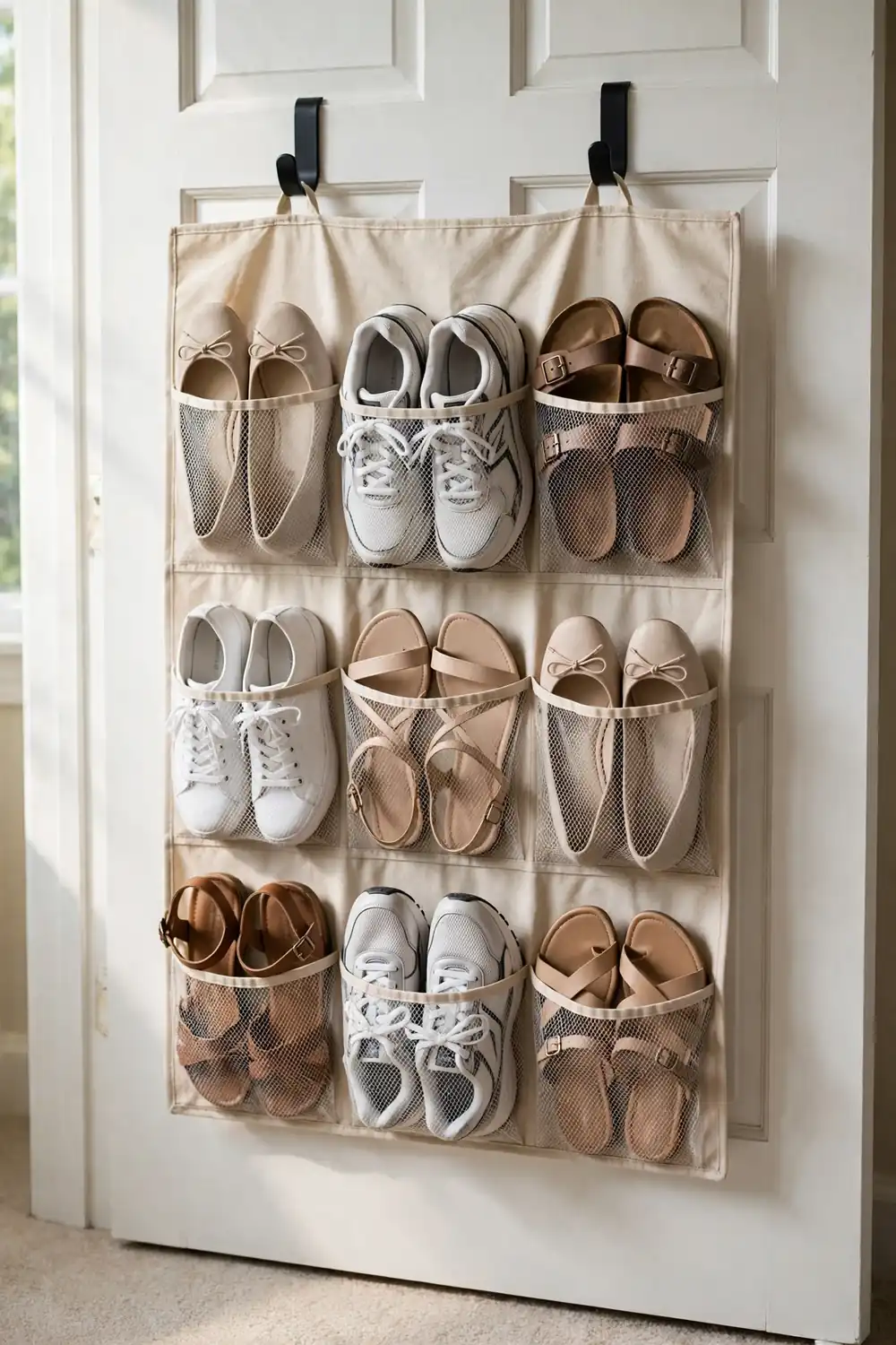 Over-door pocket shoe organizer on a closet door holding flats, sneakers and sandals