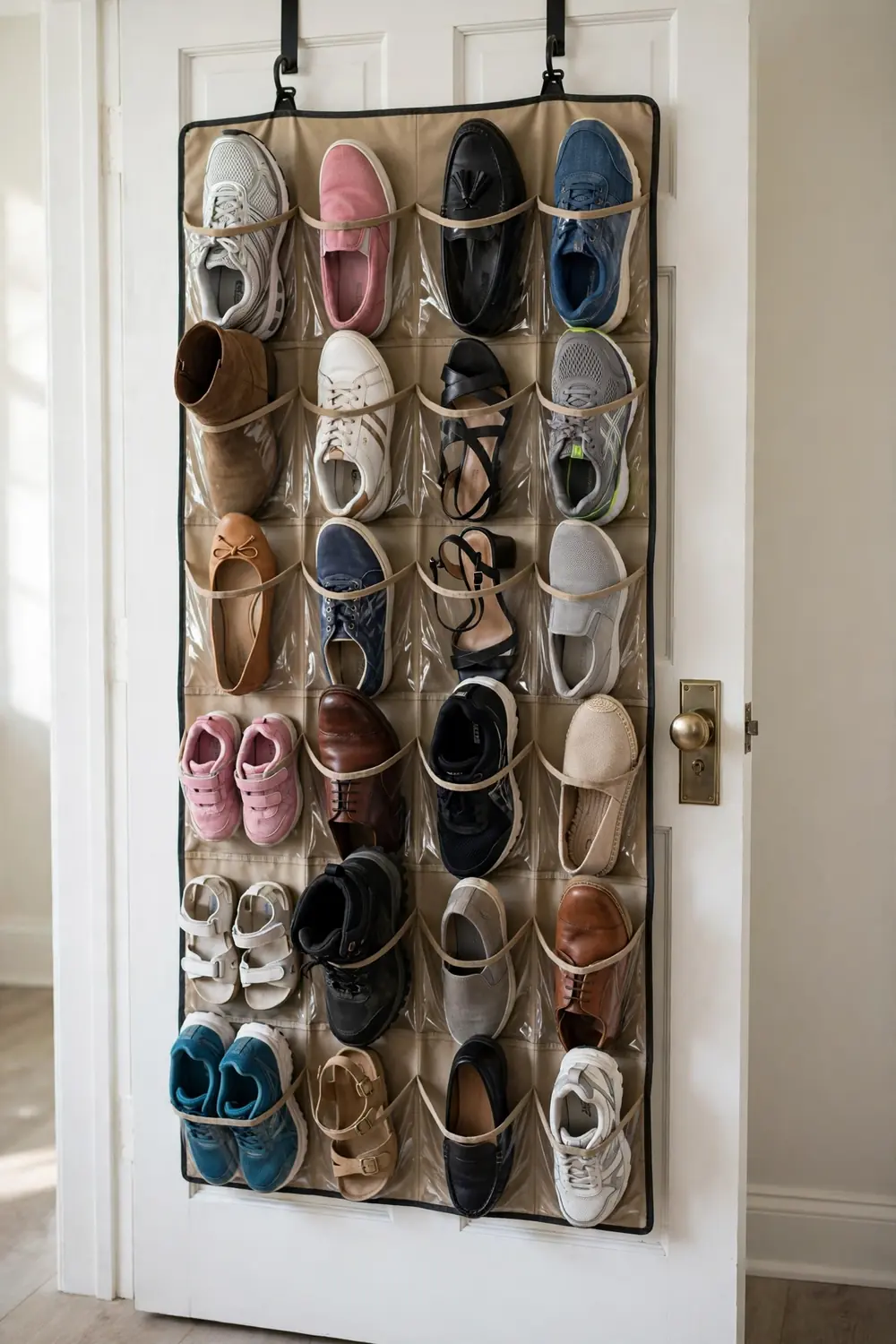 Over-door shoe organizer on a bedroom door off a hallway