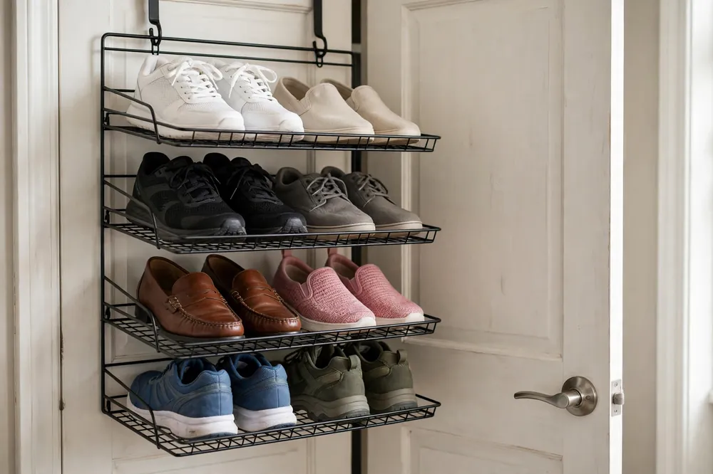 Open over-door shoe shelves on a closet door with shoes visible in rows
