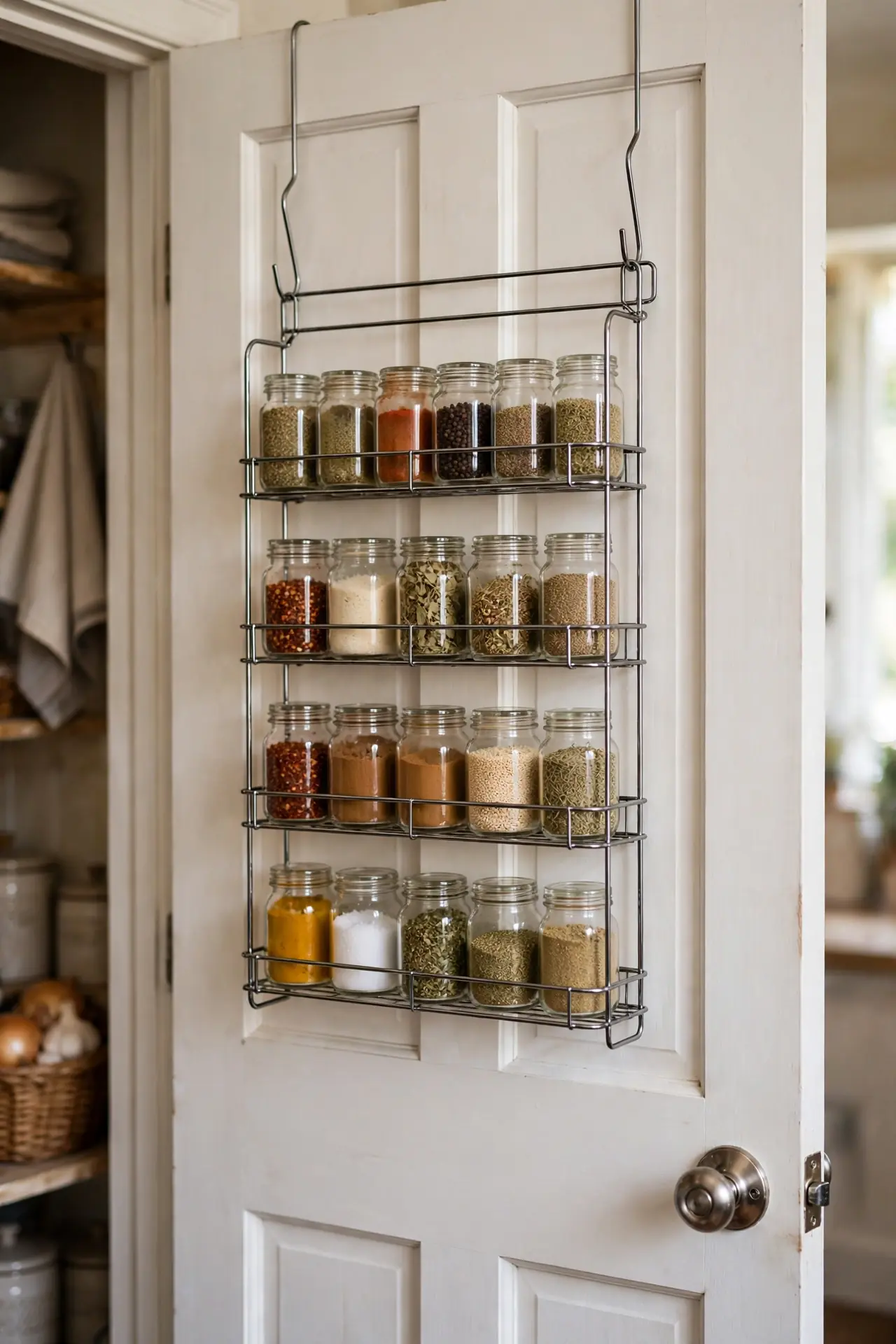 Over-the-door wire spice rack full of jars hanging on a pantry door