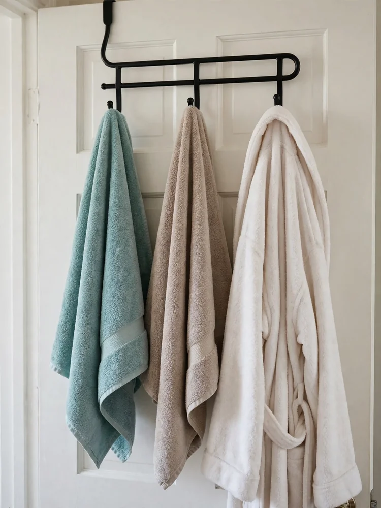 Over-the-door towel hooks holding bath towels and a robe on the back of a bathroom door