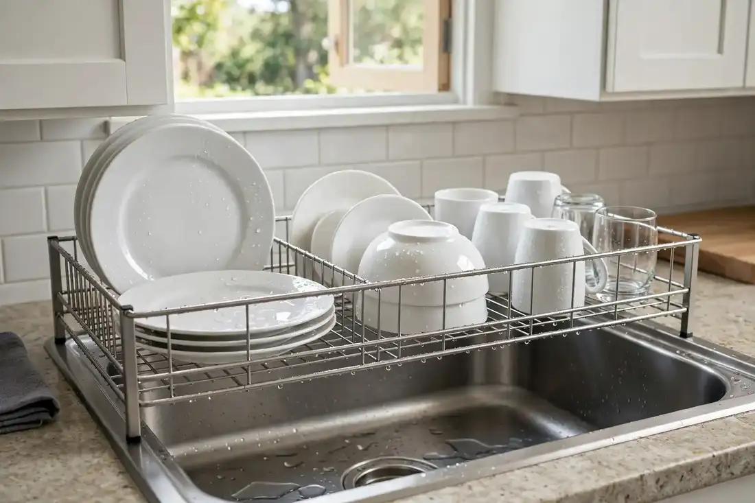 Over-sink dish rack shelf holding clean dishes above a kitchen sink