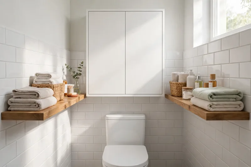 Over-toilet storage cabinet with floating shelves above a toilet in a small bathroom