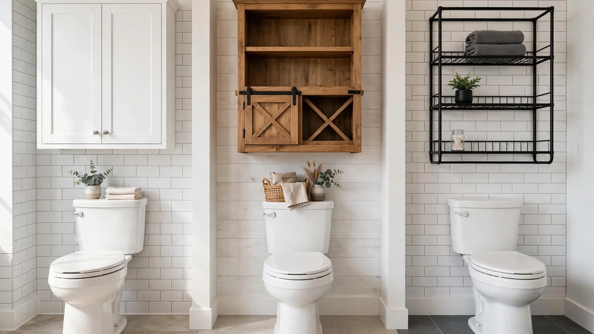 Three over toilet storage cabinets in white, wood, and black finishes in a showroom-style bathroom setting