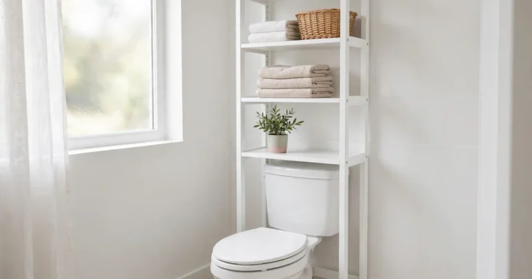 Small white bathroom with a freestanding over toilet storage unit holding folded towels and baskets