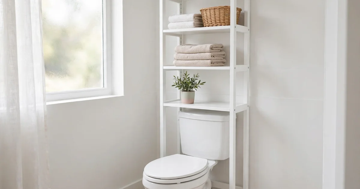 Small white bathroom with a freestanding over toilet storage unit holding folded towels and baskets