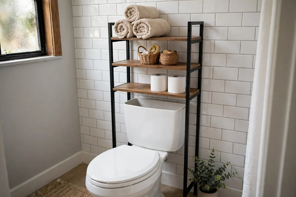 Freestanding over-the-toilet shelf holding rolled towels, a basket, and toilet paper