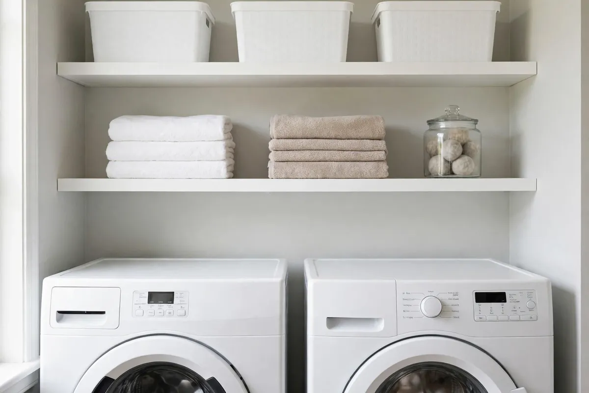 White floating shelves mounted above a washer and dryer holding detergent bins and folded towels