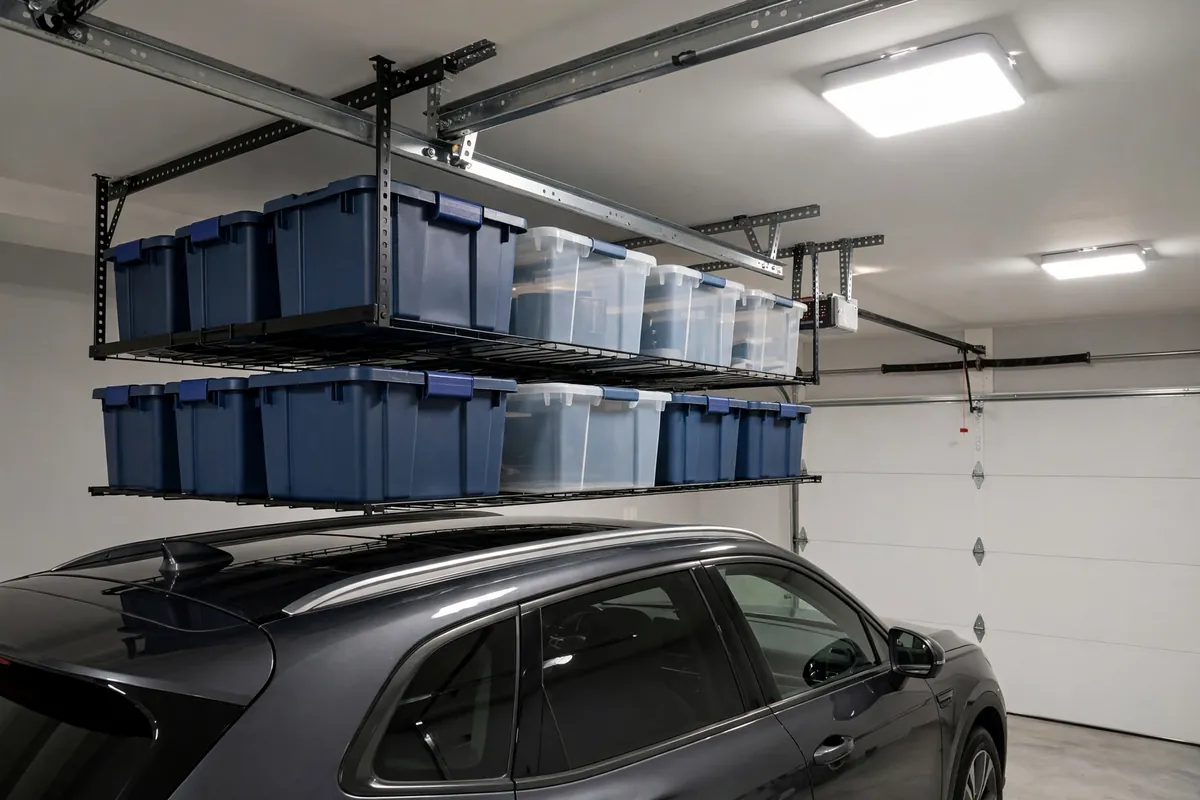 Overhead ceiling storage racks holding labeled bins above a parked car in a garage.