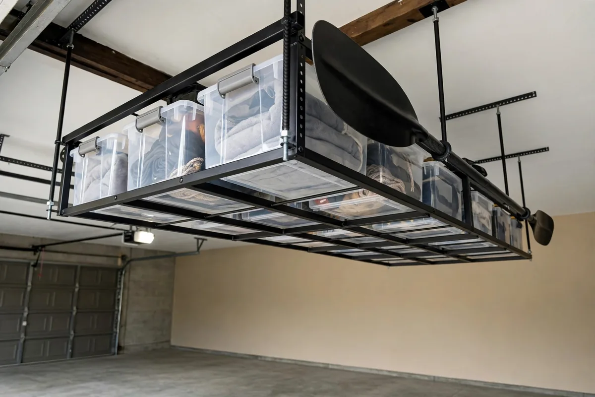 Black metal overhead ceiling storage rack in a garage holding plastic bins