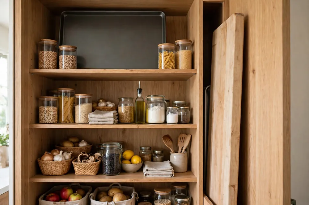 Large full sheet pan stored flat on a high pantry shelf beside a tall oversized cutting board