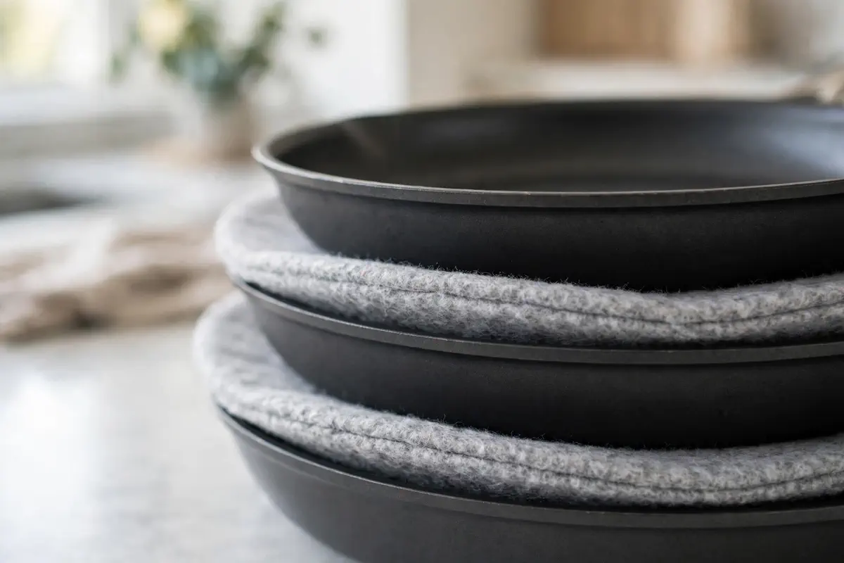 Felt pan protectors layered between stacked nonstick skillets